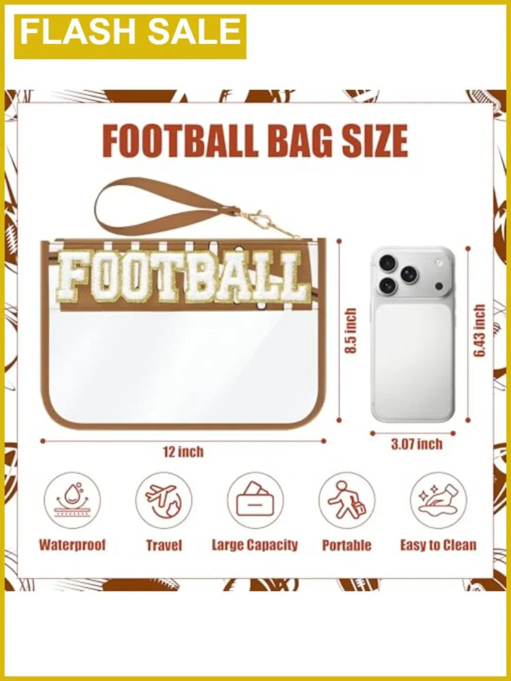Clear PVC Football Makeup Bag Chenille Letter Patch Waterproof Cosmetic Pouch